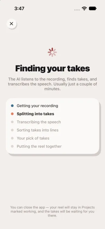 The AI breaks down your recording: transcript, lines and takes