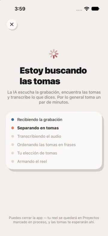 La IA analiza tu grabación: transcripción, frases y tomas