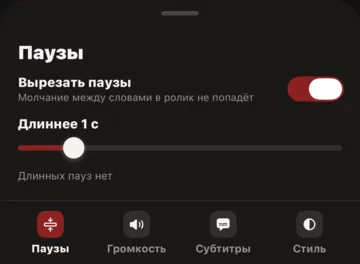 Паузы: ползунок порога от 0,3 до 5 секунд